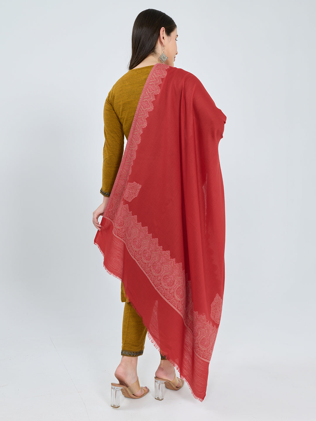 Women Red Embroidered Polywool Shawl