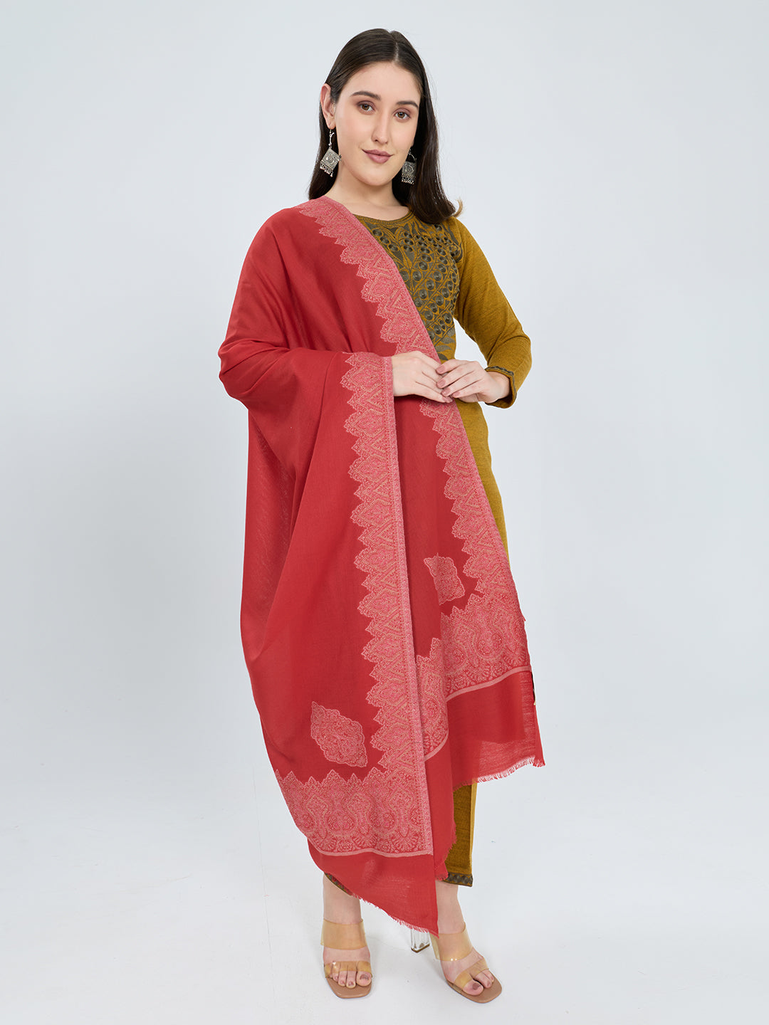 Women Red Embroidered Polywool Shawl