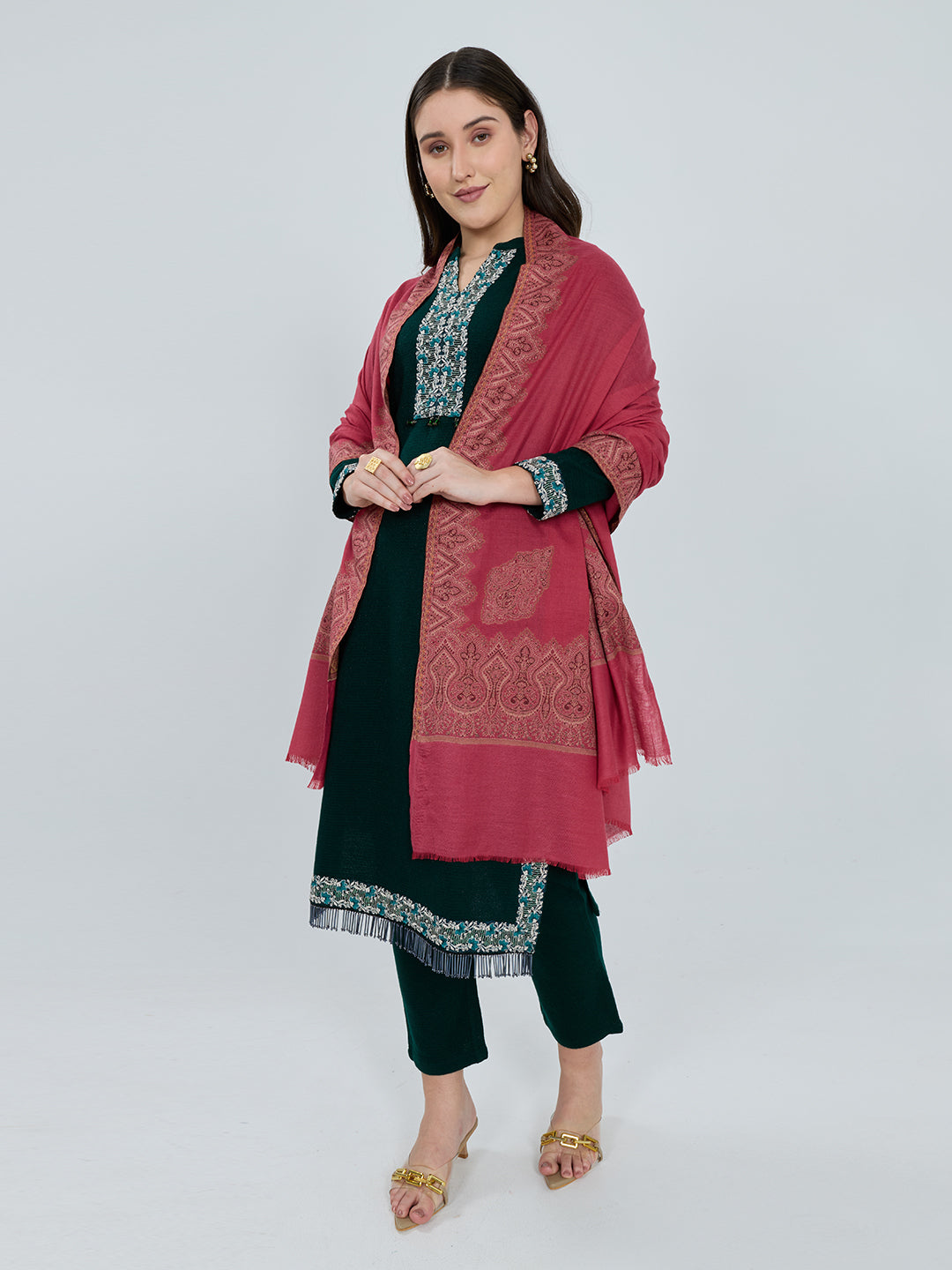 Women Red Embroidered Polywool Shawl