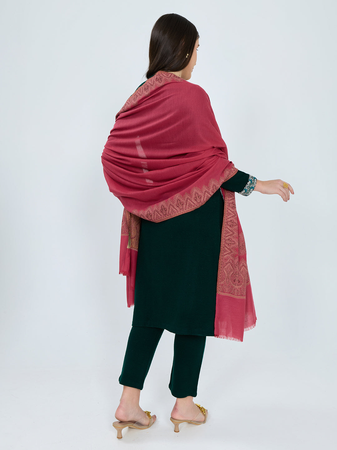 Women Red Embroidered Polywool Shawl