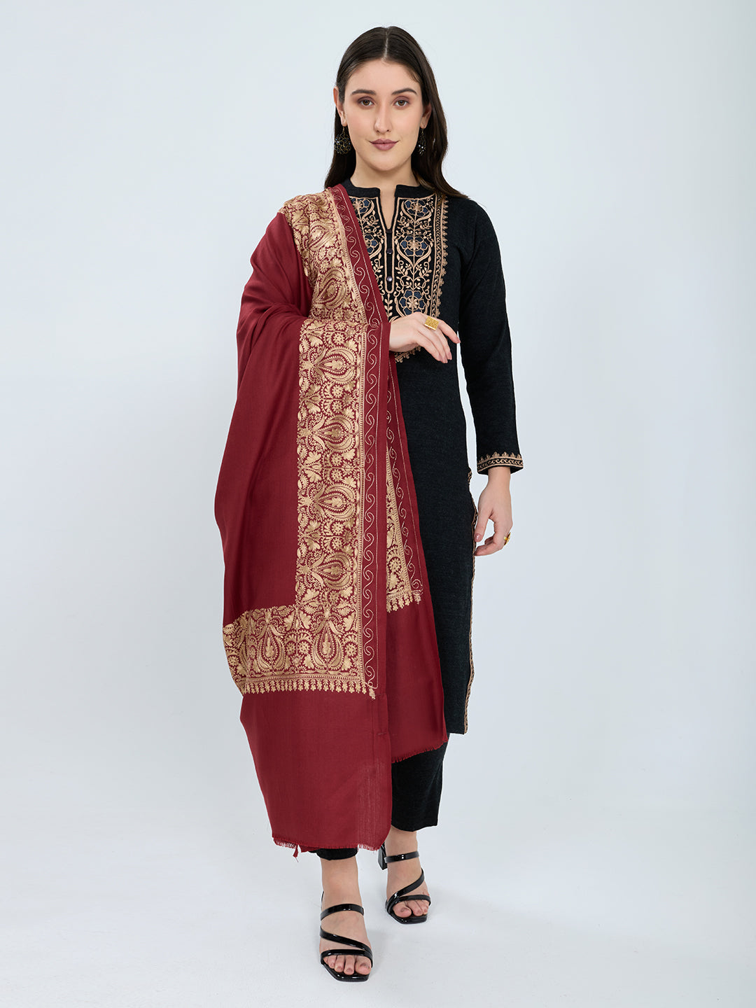 Women Maroon Traditional Motifs Polyester Acrylic Shawl