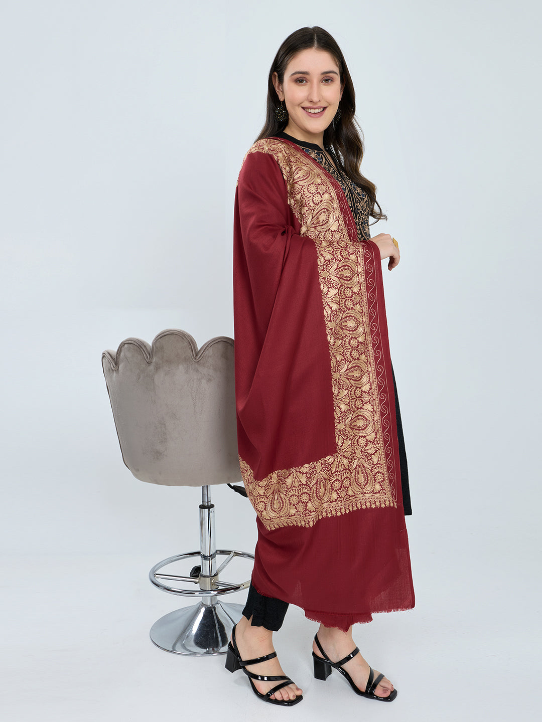Women Maroon Traditional Motifs Polyester Acrylic Shawl