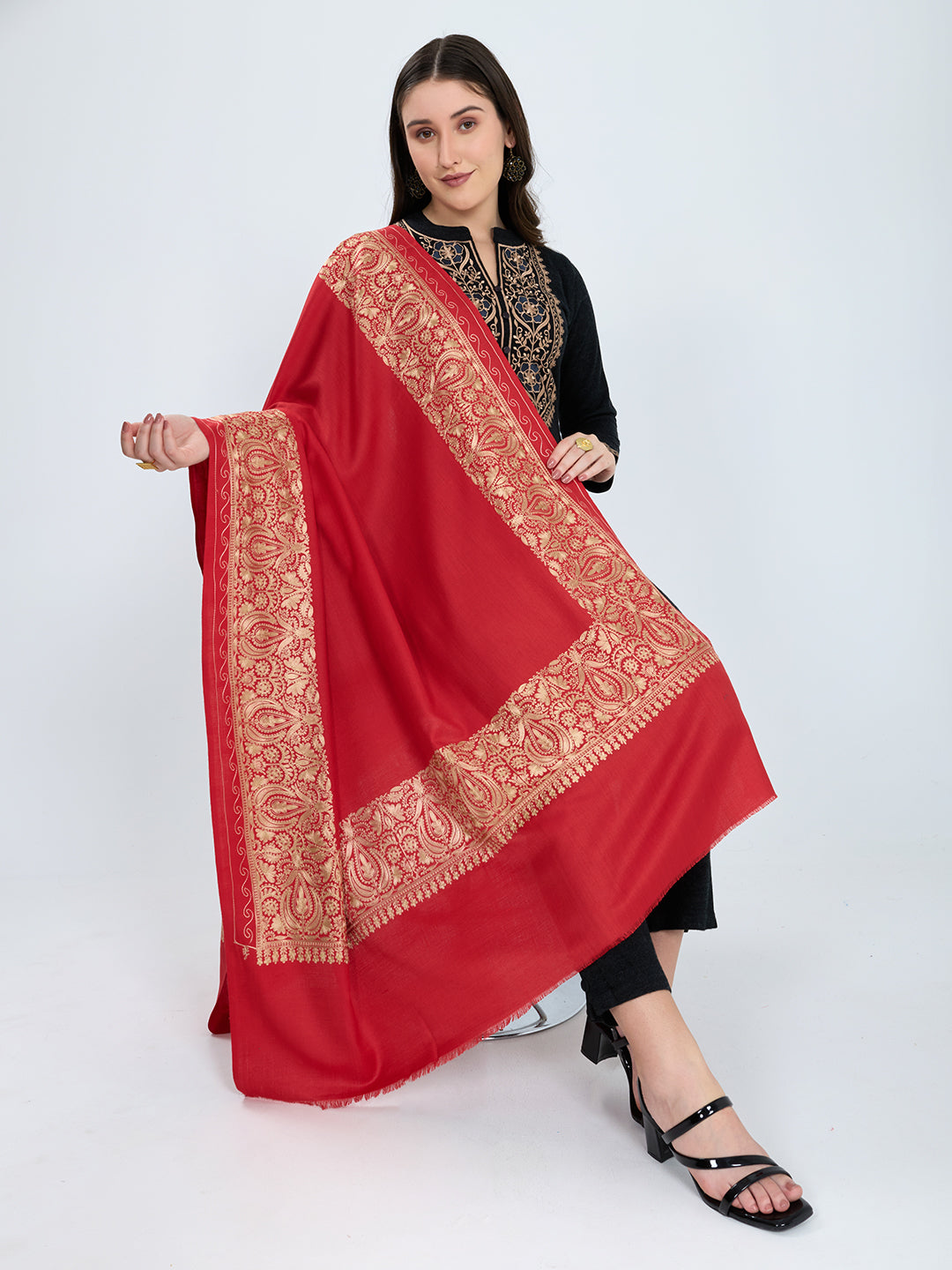 Women Red Traditional Motifs Polyester Acrylic Shawl