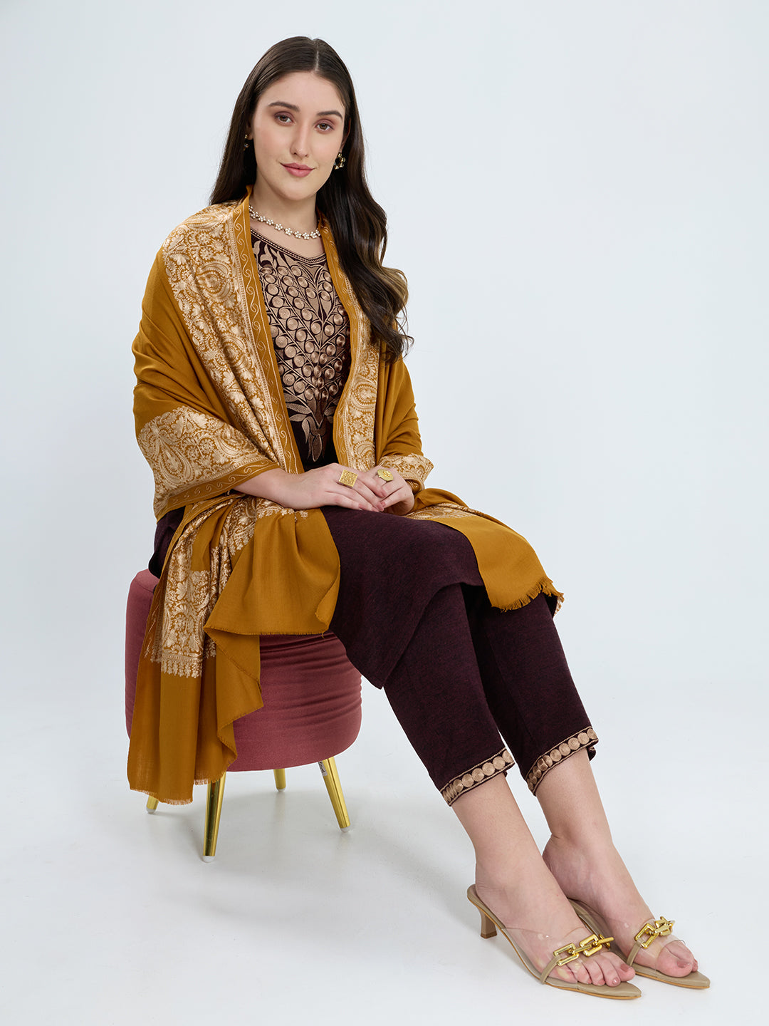 Women Mustard Traditional Motifs Polyester Acrylic Shawl