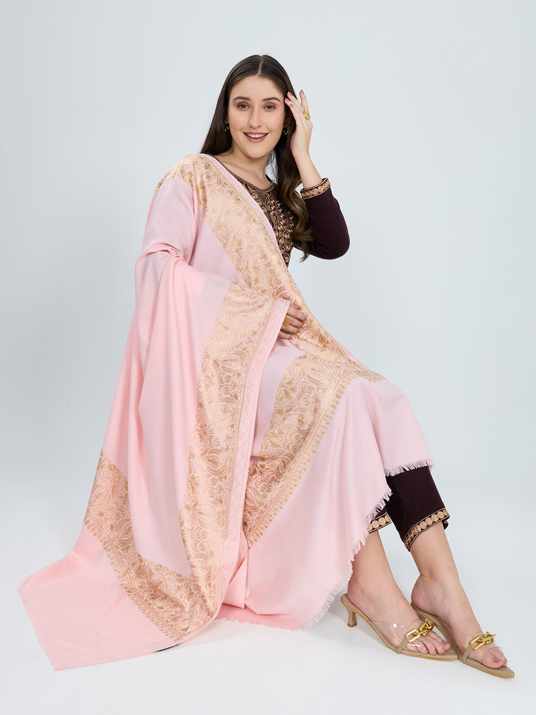 Women Pink Traditional Motifs Polyester Acrylic Shawl