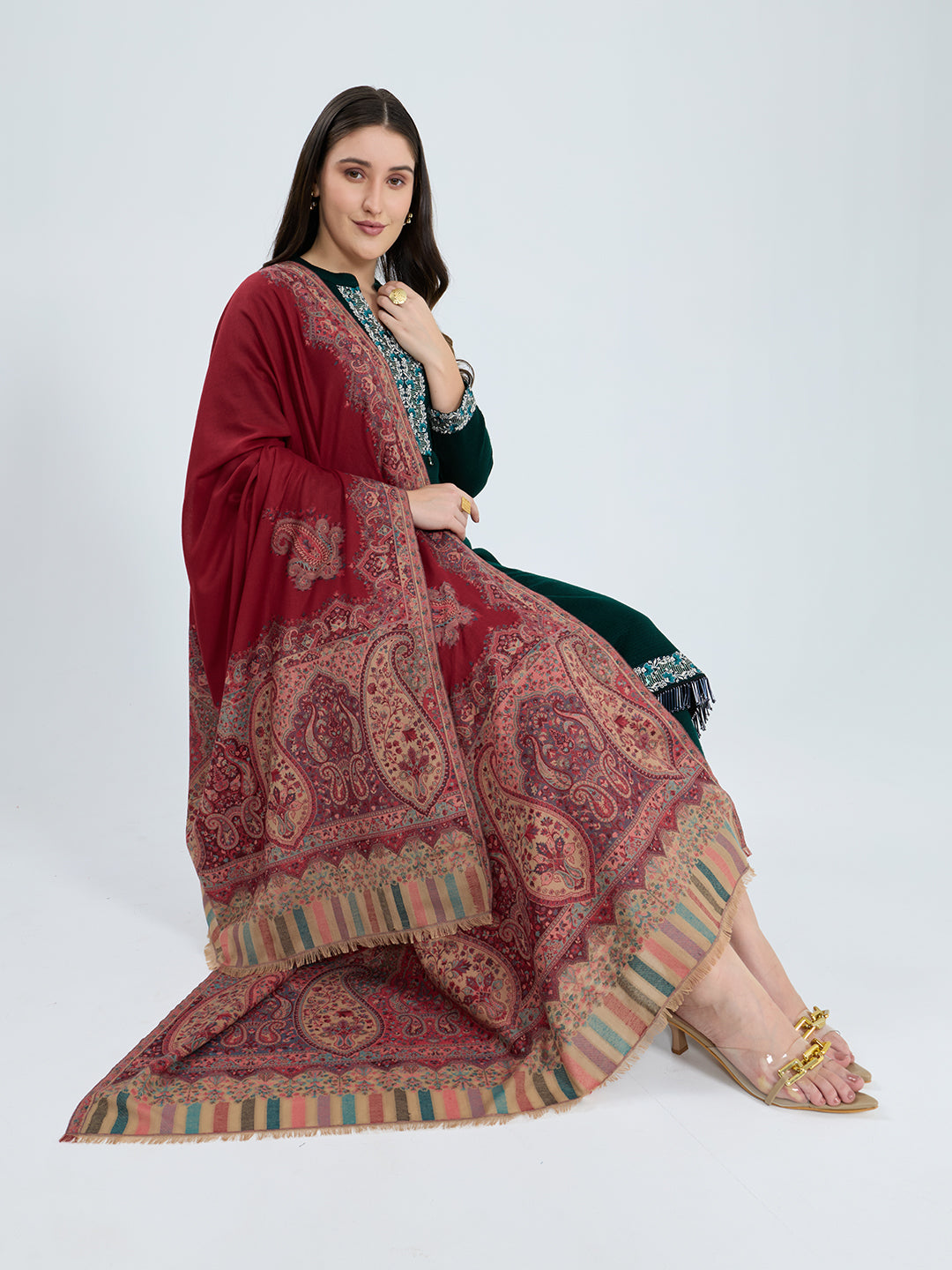 Women Maroon Paisley Print Polyester Shawl