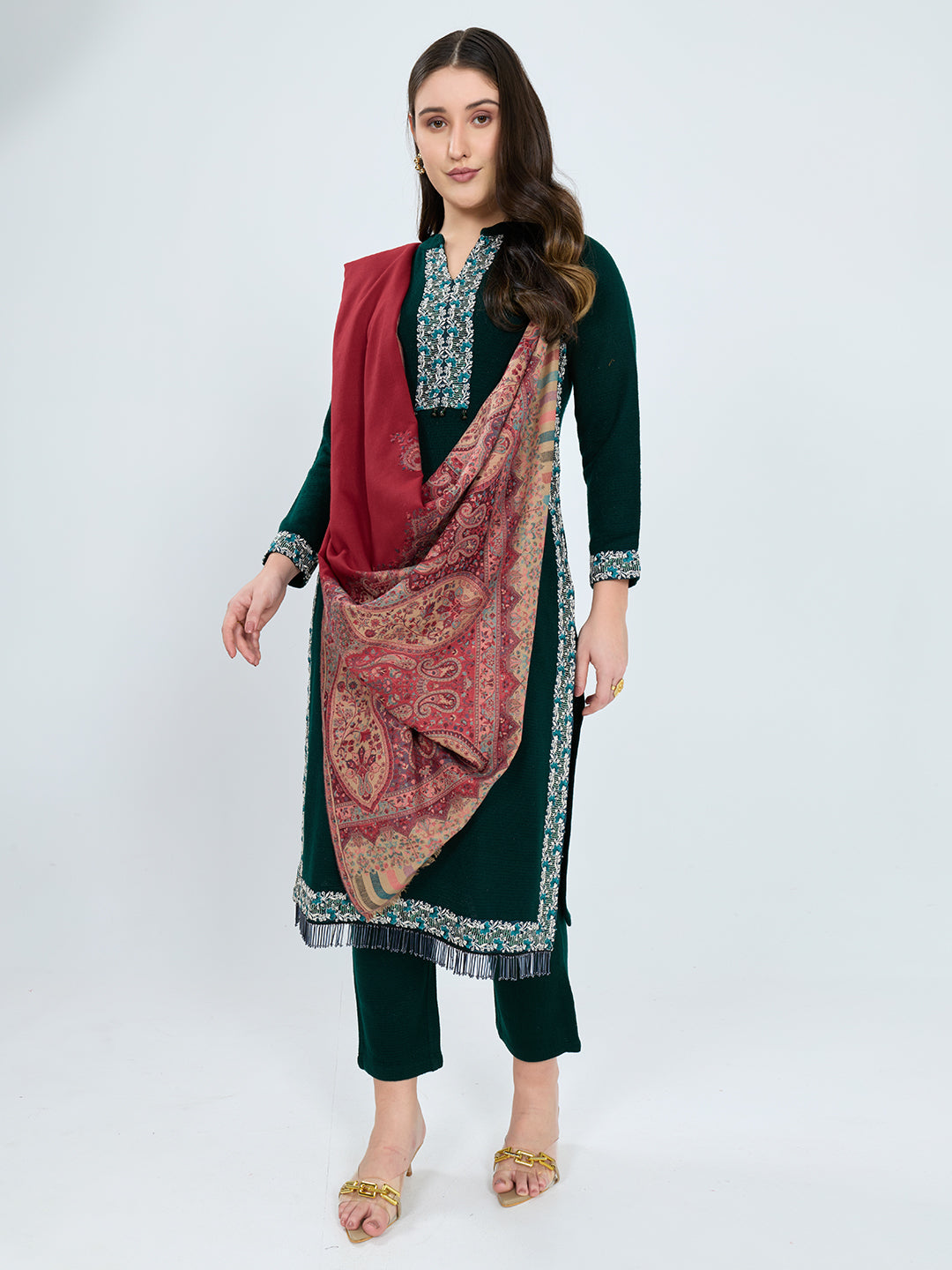 Women Maroon Paisley Print Polyester Shawl