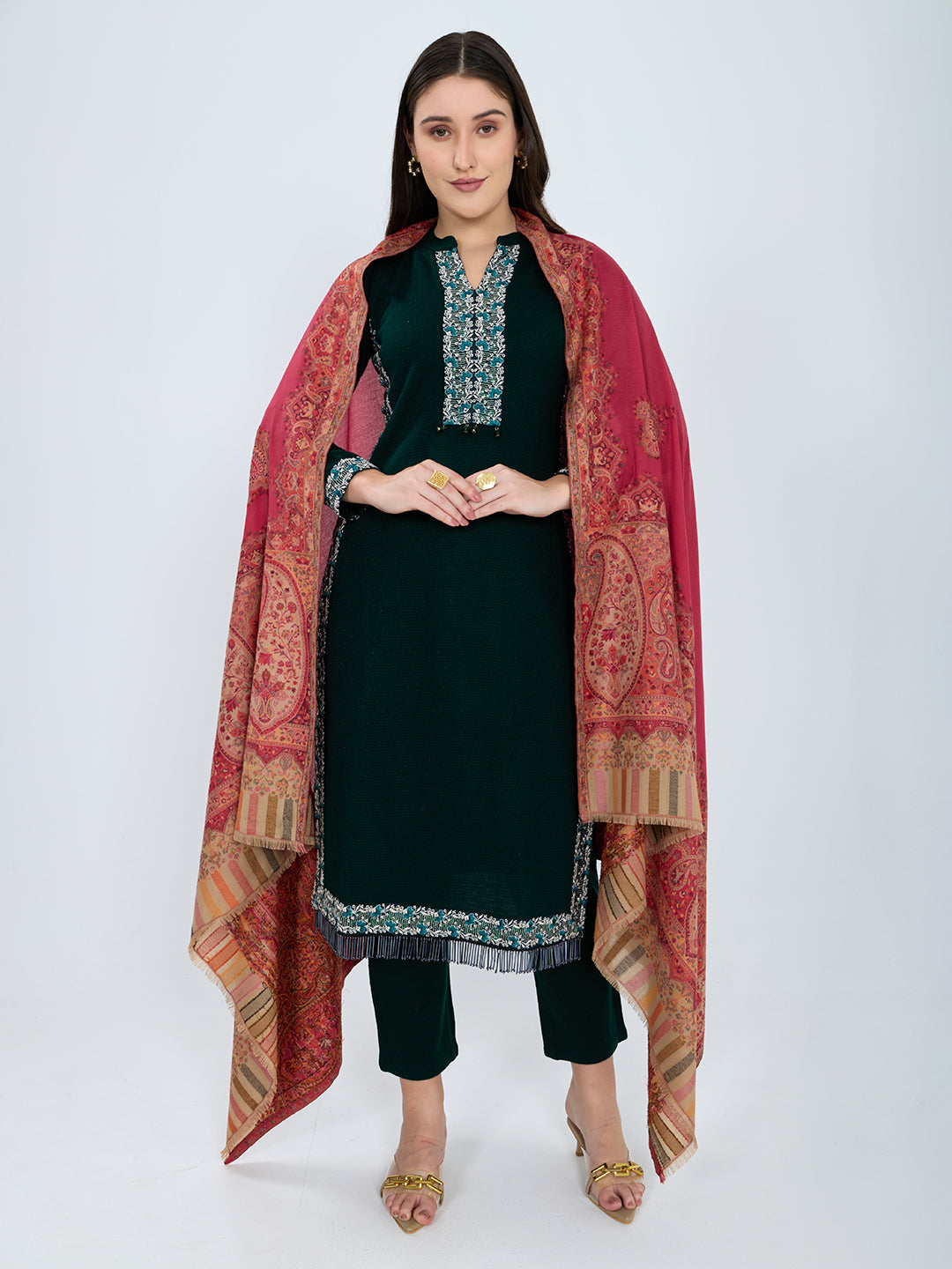 Women Red Paisley Print Polyester Shawl