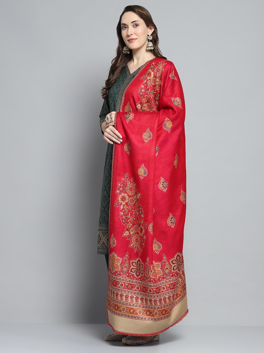 Women Red Self Design Shawl