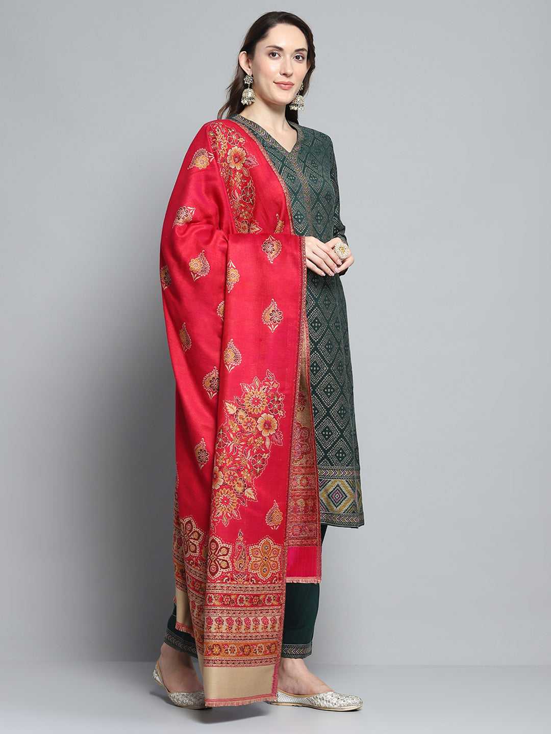 Women Red Self Design Shawl