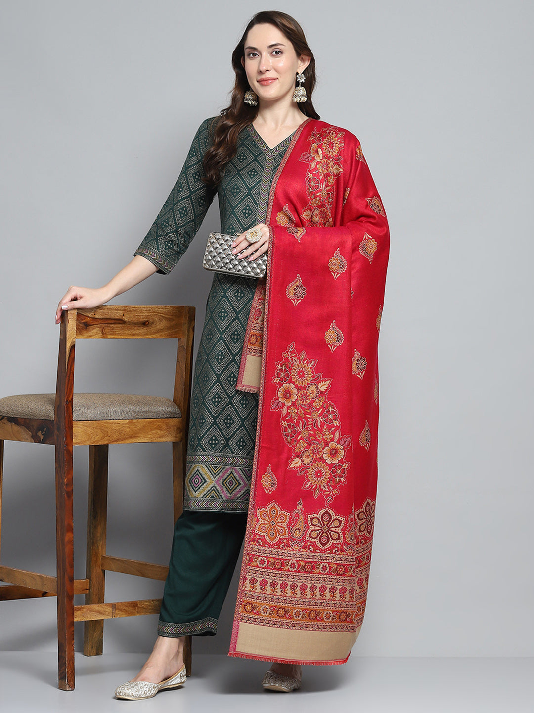 Women Red Self Design Shawl