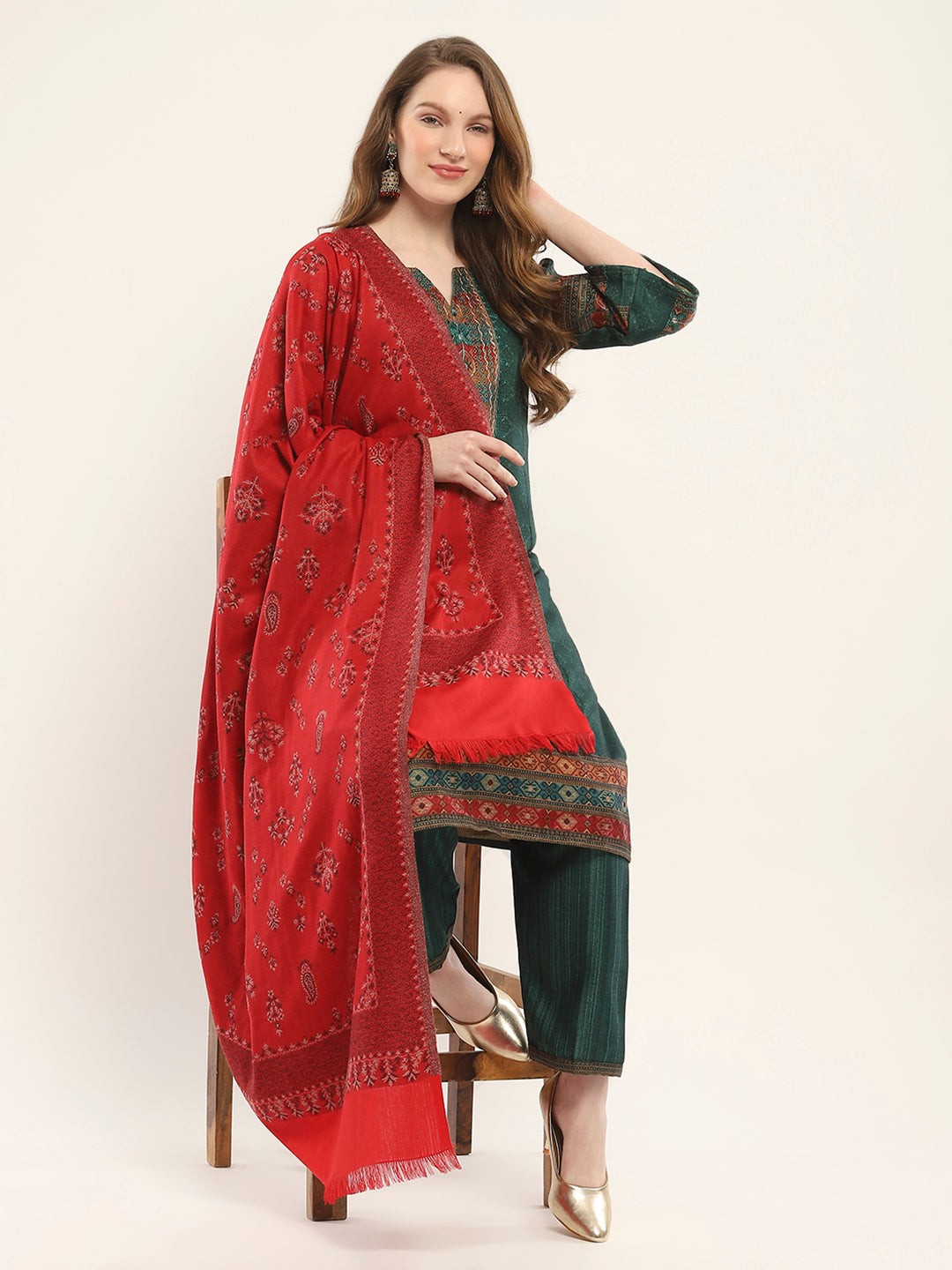 Women Red Self Design Shawl