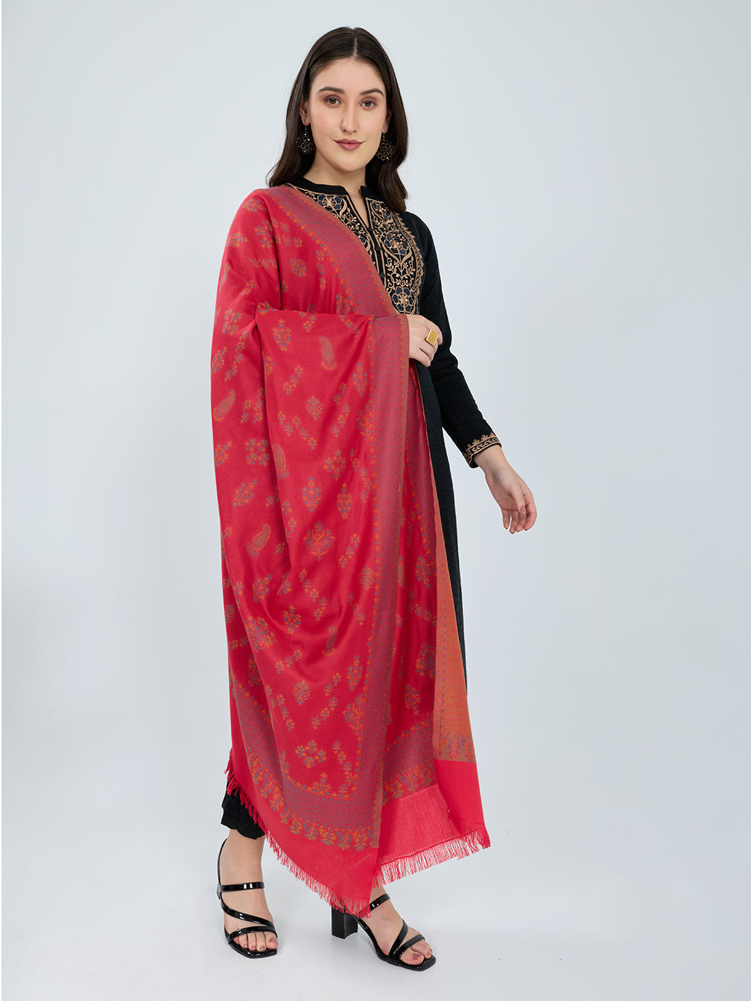 Women Pink Paisley Print Polyester Shawl