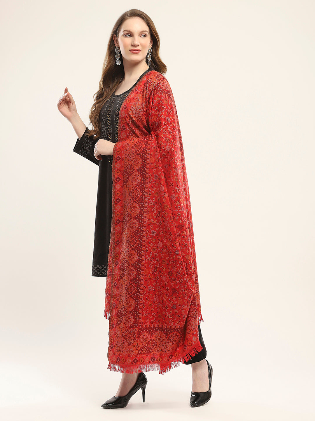 Women Red Self Design Shawl