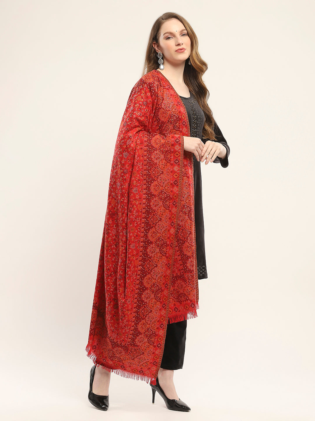 Women Red Self Design Shawl