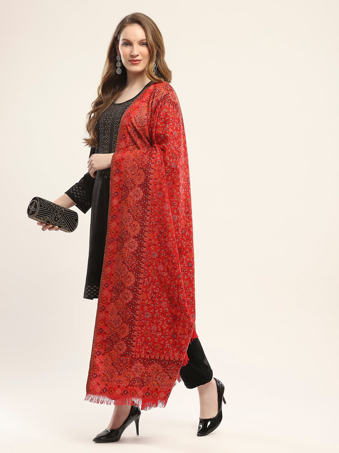 Women Red Self Design Shawl