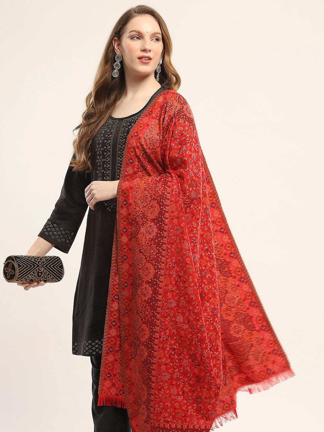 Women Red Self Design Shawl