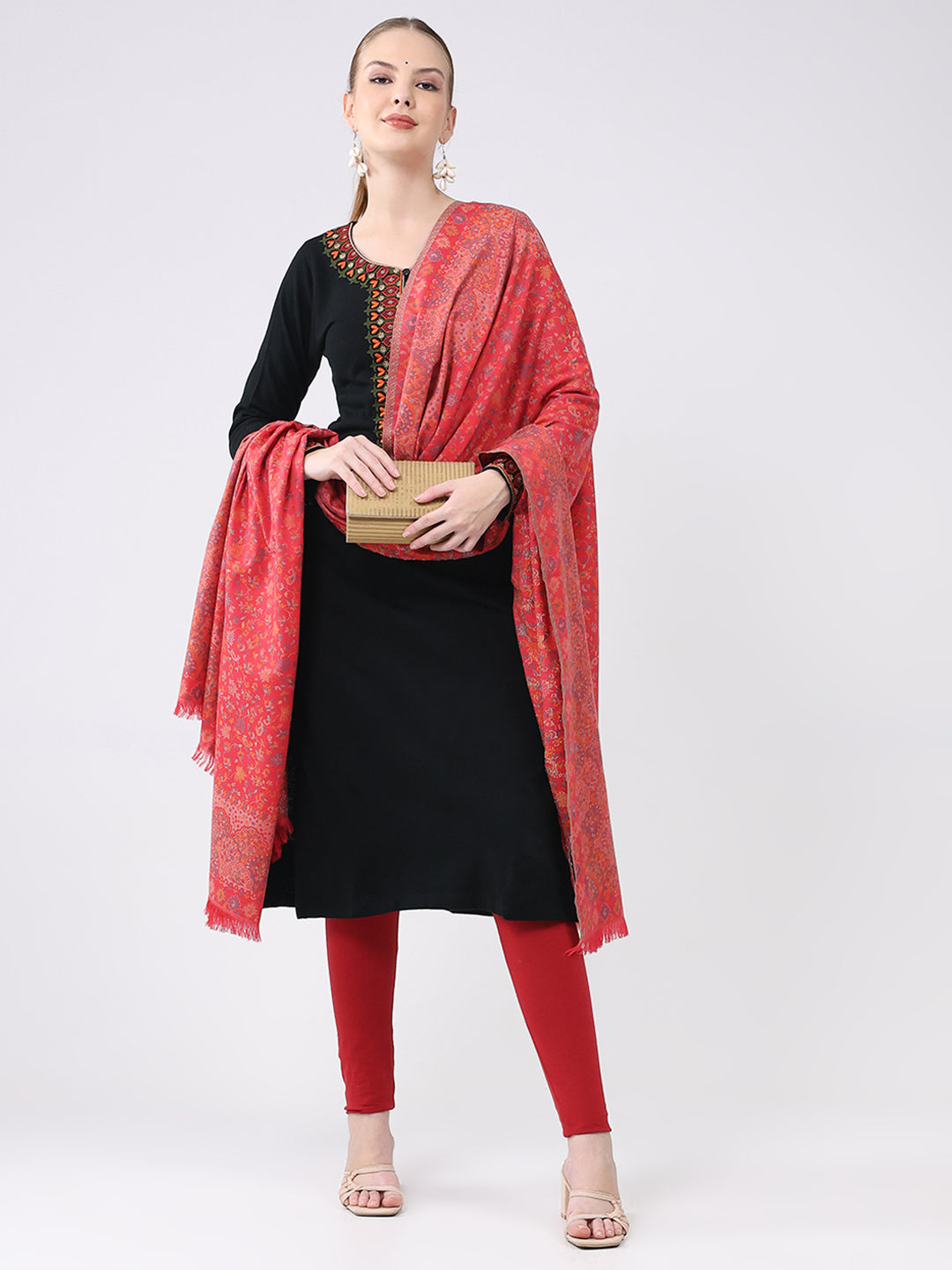 Women Pink Self Design Wool Shawl