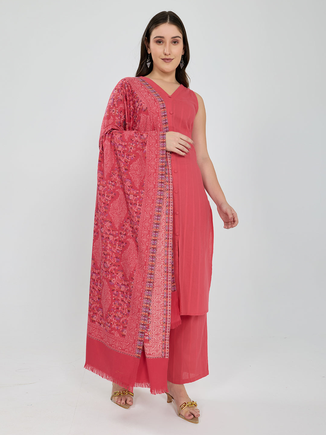 Women Pink Paisley Print Polyester Shawl