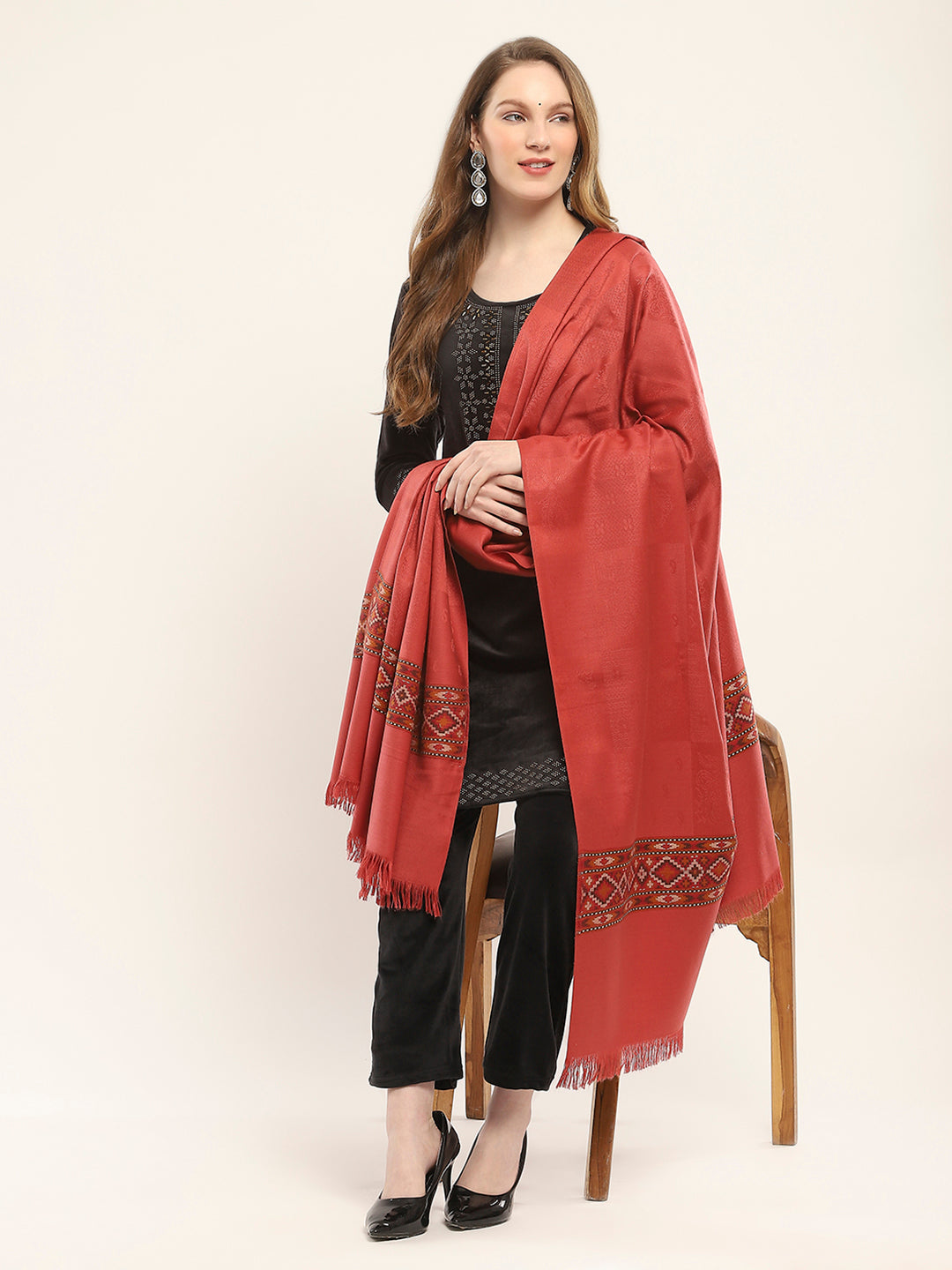 Women Red Self Design Shawl