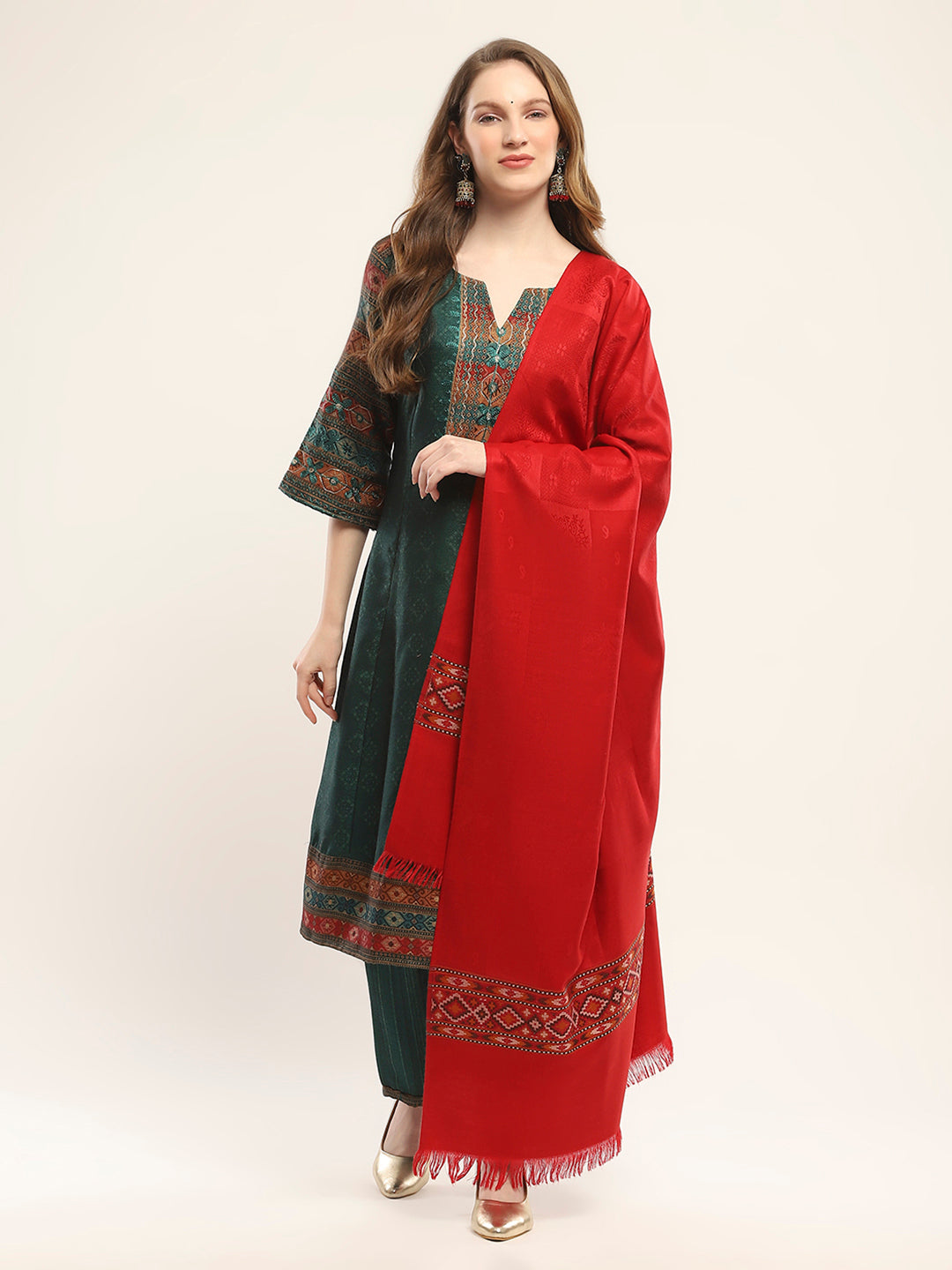 Women Red Self Design Shawl