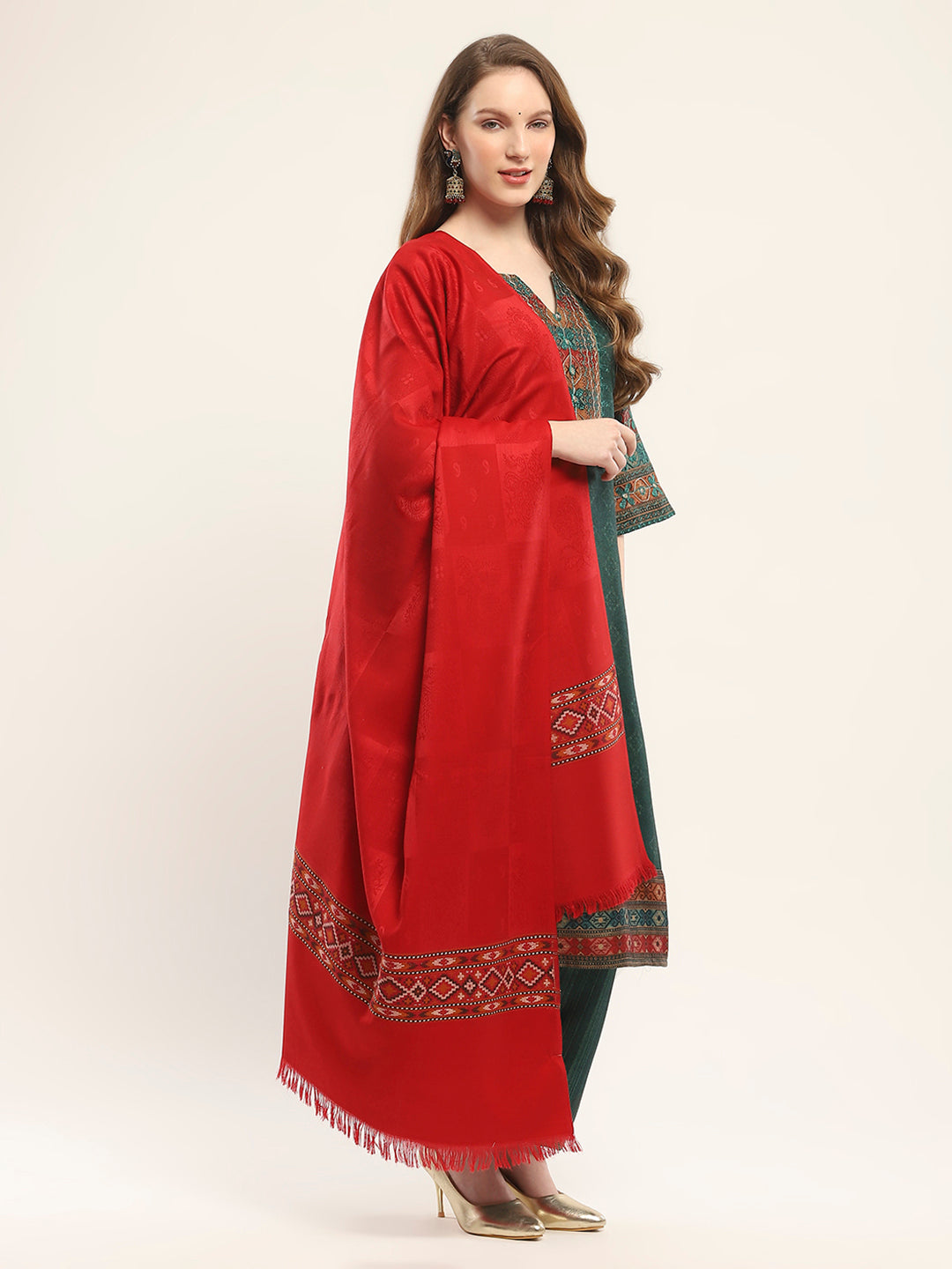 Women Red Self Design Shawl