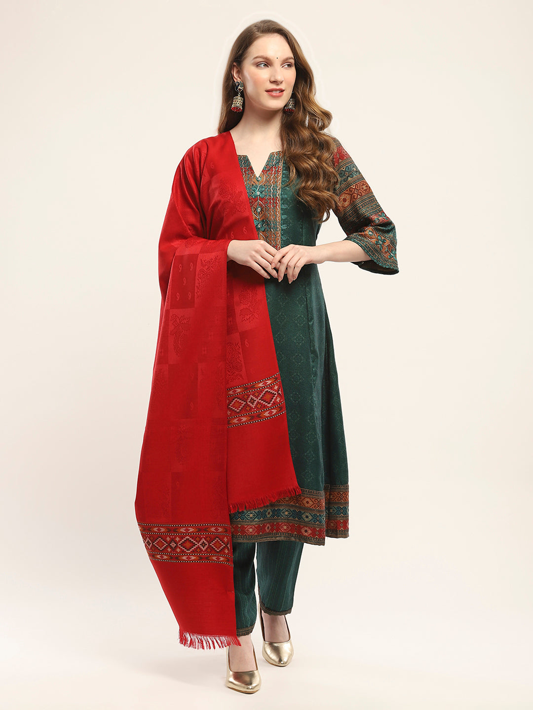 Women Red Self Design Shawl