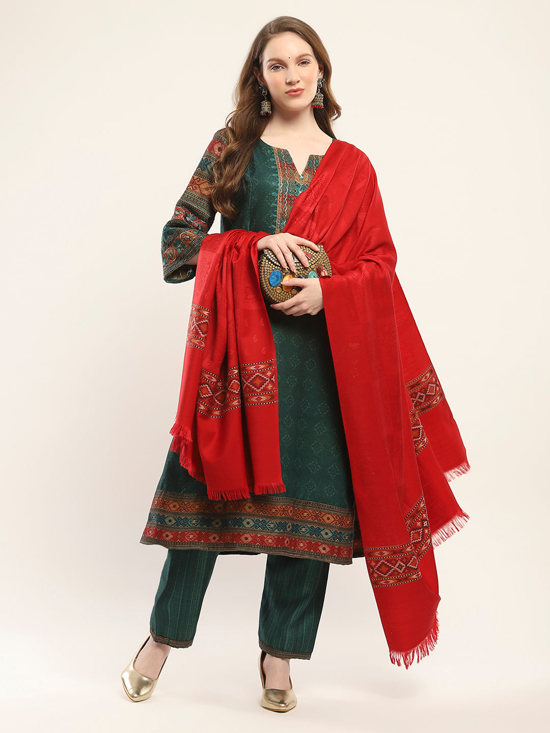 Women Red Self Design Shawl