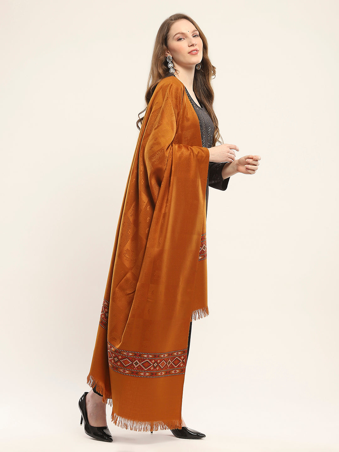 Women Mustard Self Design Shawl