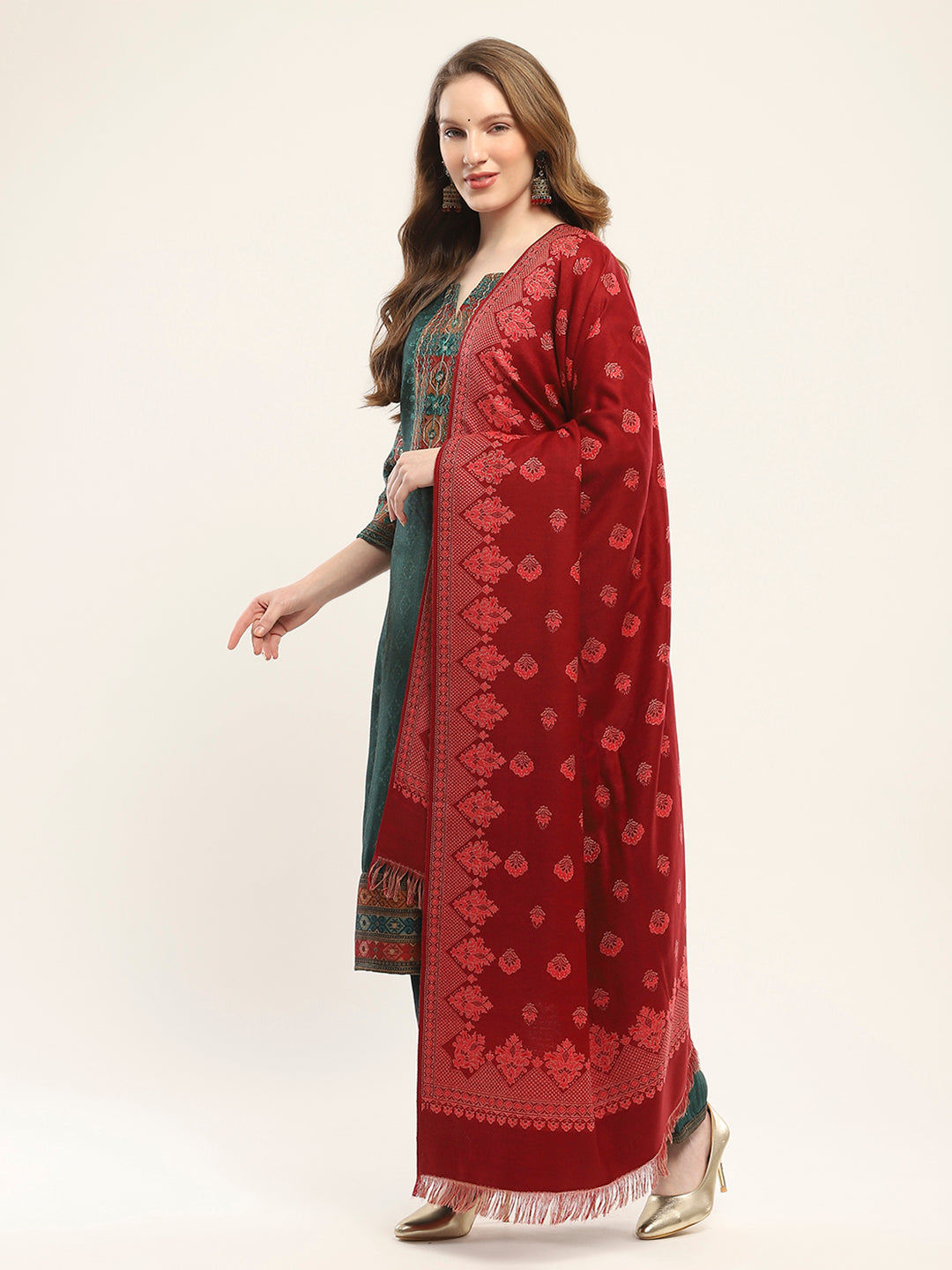 Women Maroon Self Design Shawl