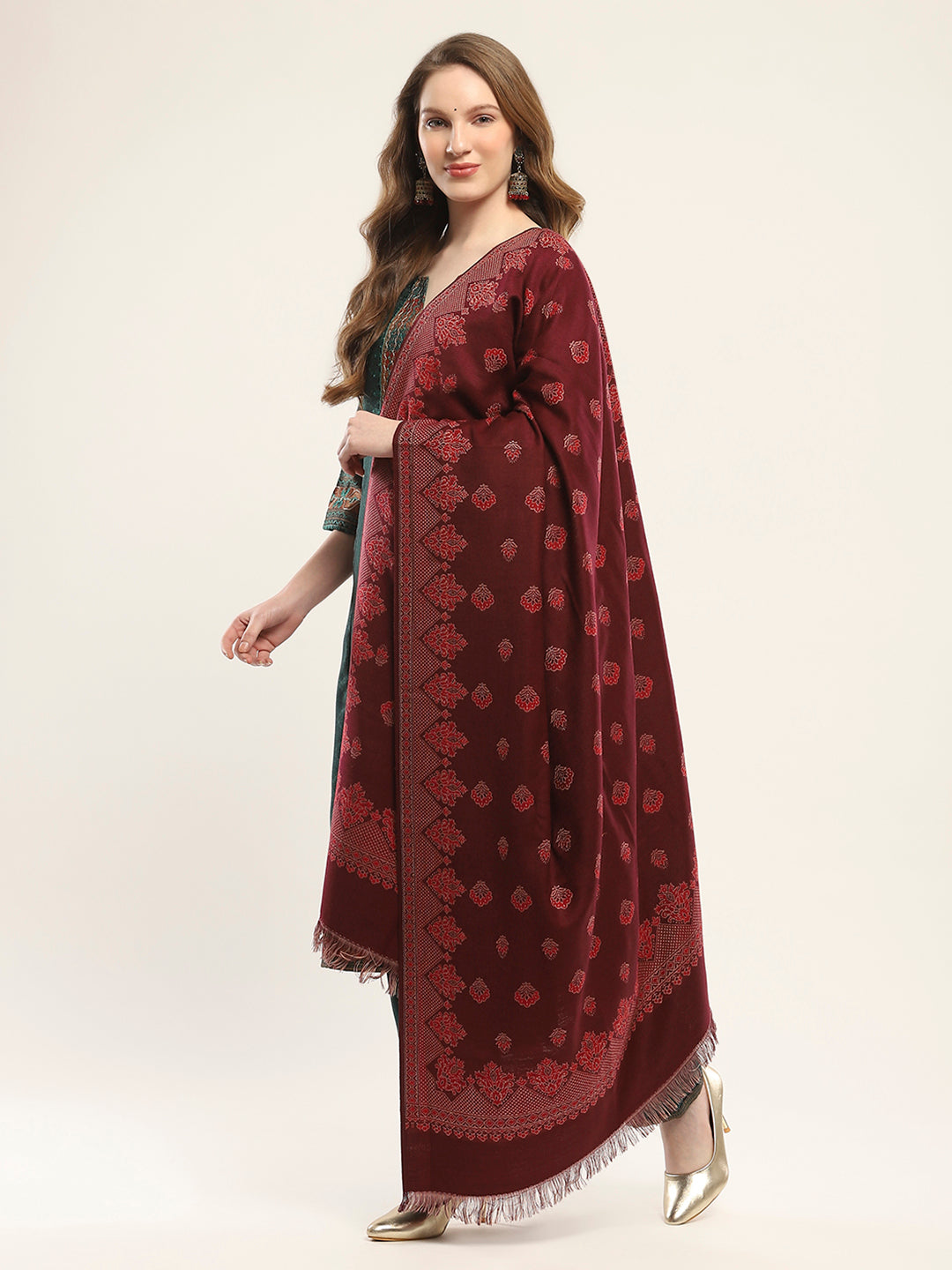 Women Maroon Self Design Shawl