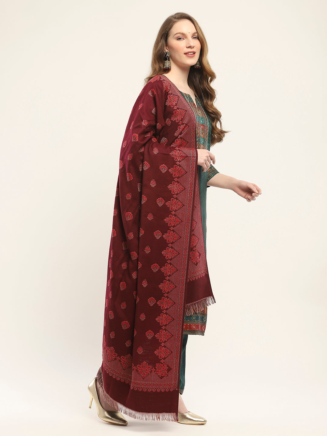 Women Maroon Self Design Shawl