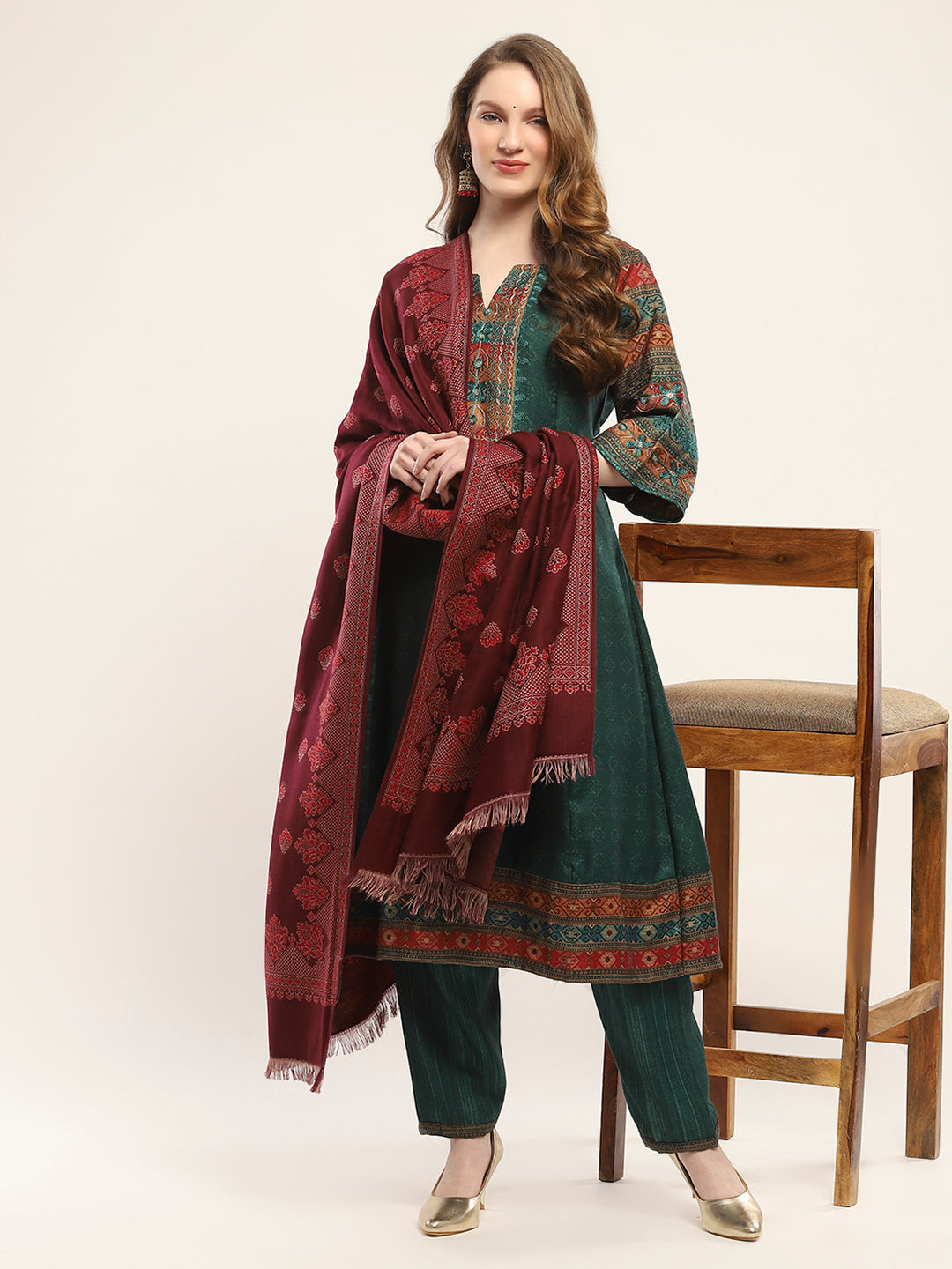 Women Maroon Self Design Shawl