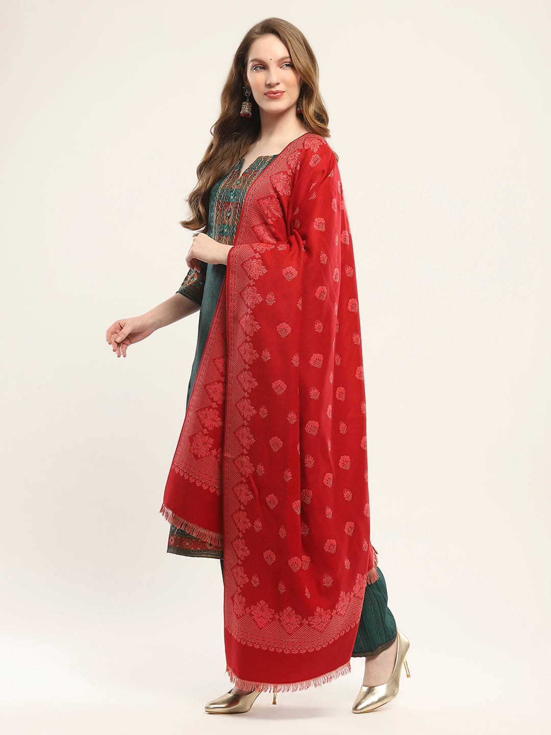 Women Red Self Design Shawl