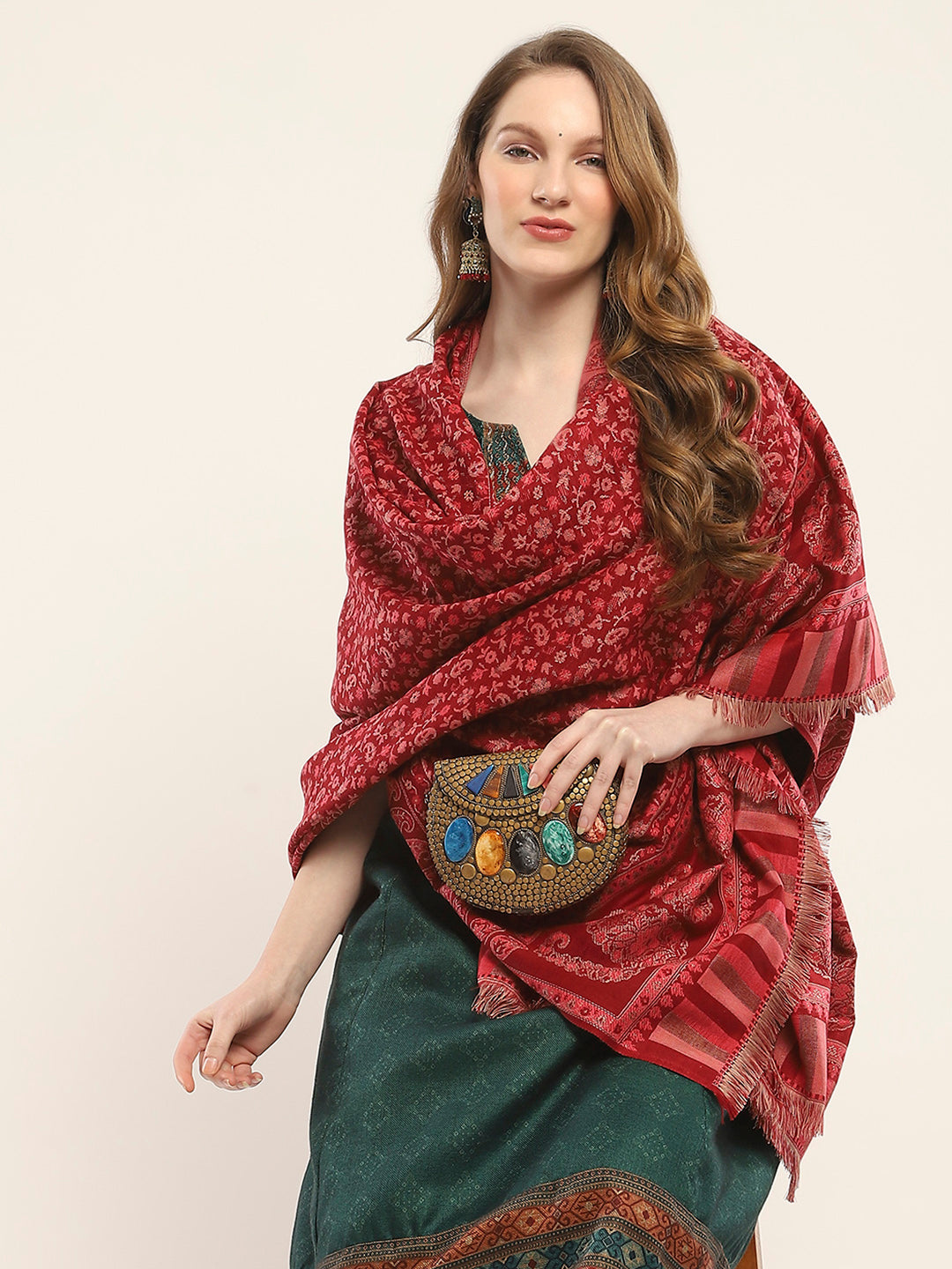 Women Maroon Self Design Shawl