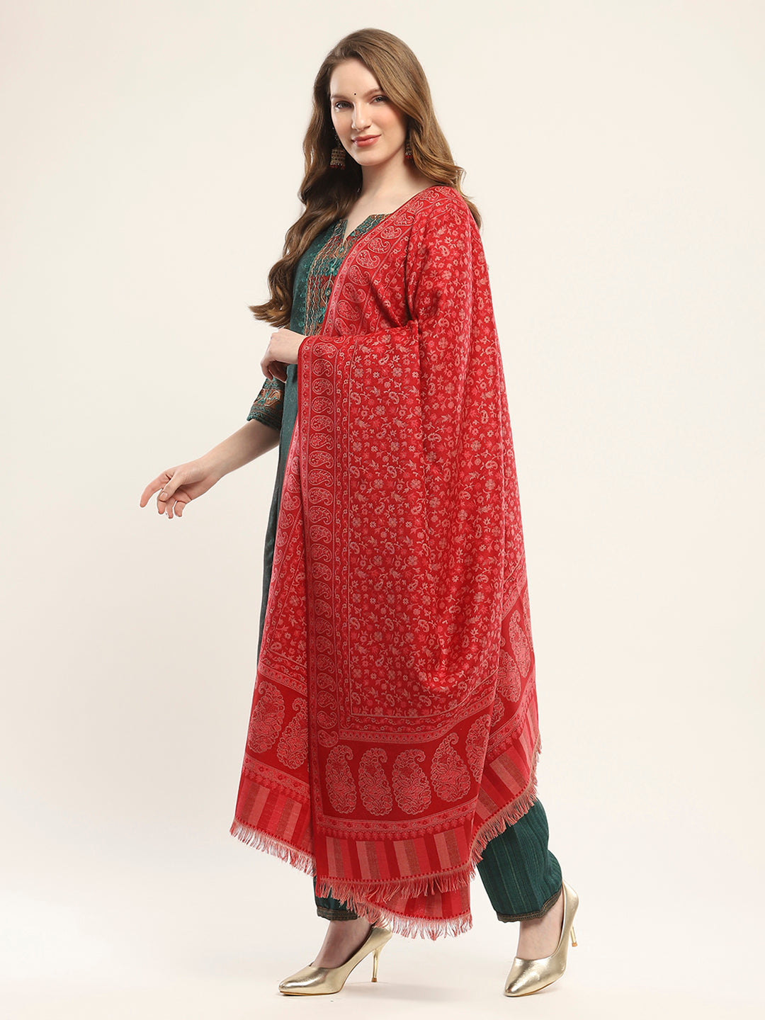 Women Red Self Design Shawl