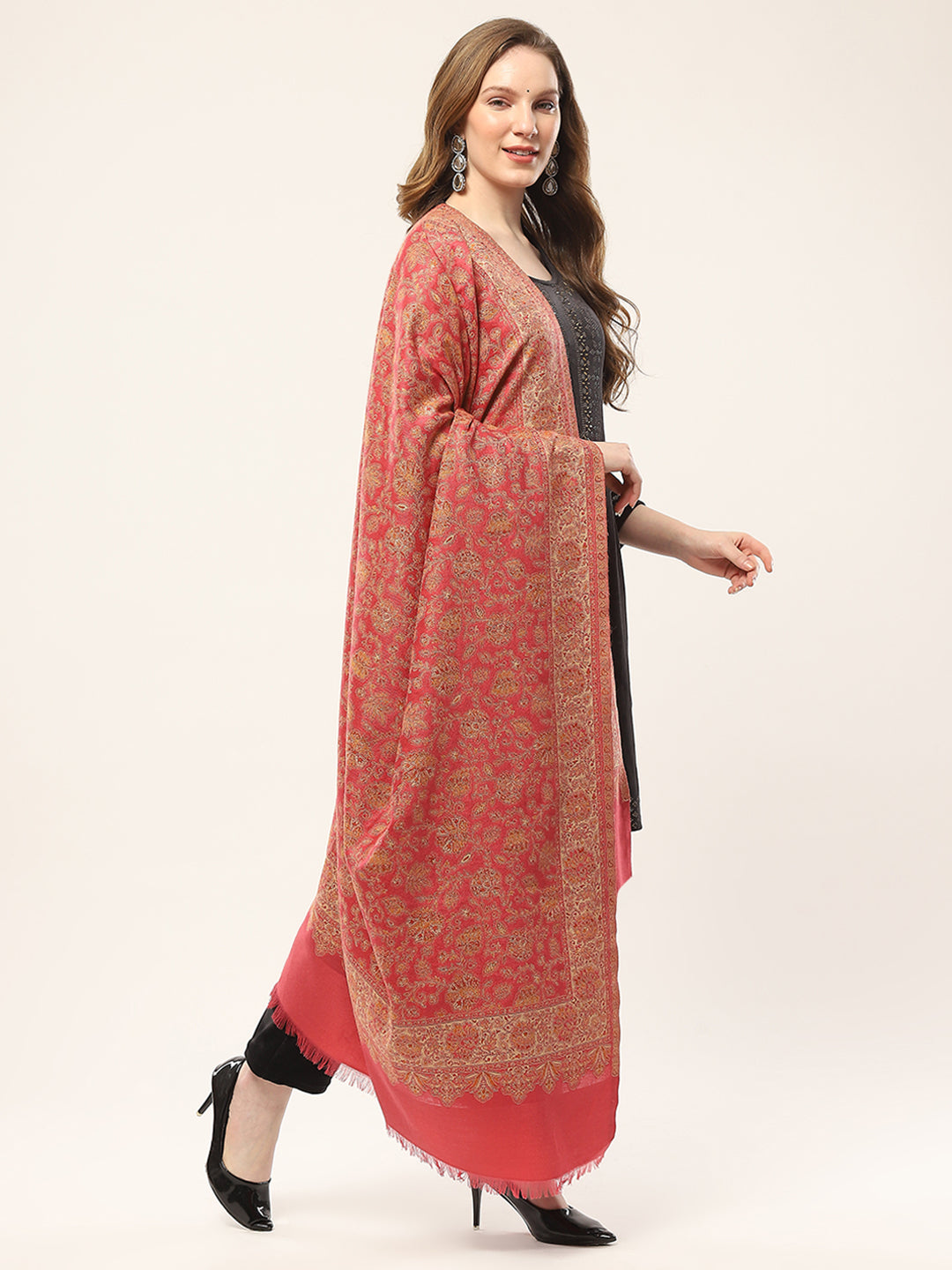 Women Red Self Design Shawl