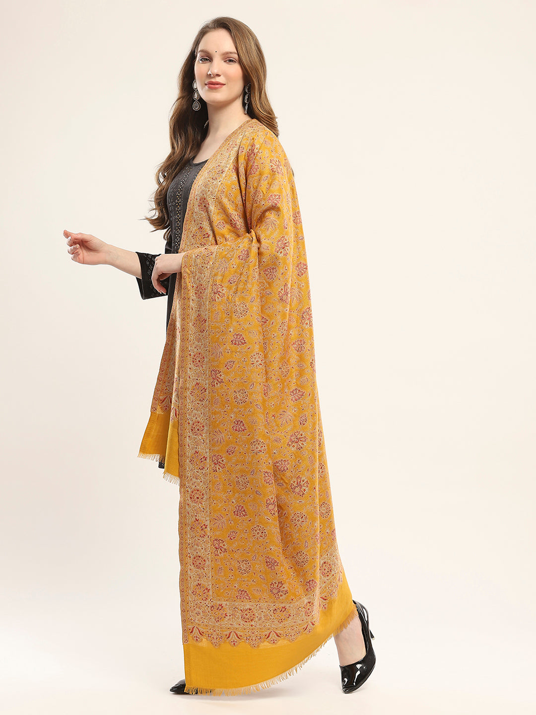 Women Mustard Self Design Shawl