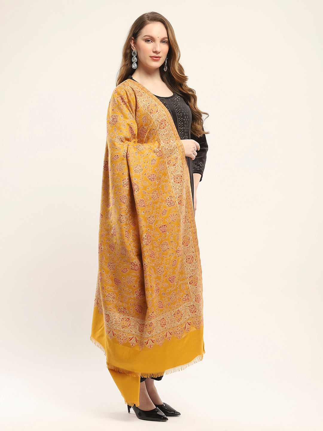 Women Mustard Self Design Shawl