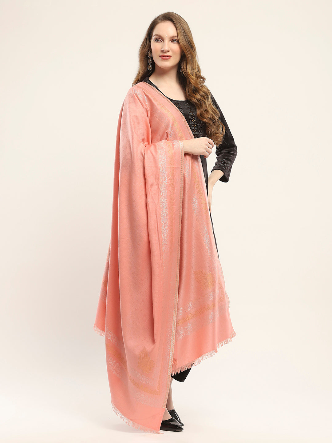 Women Peach Self Design Shawl