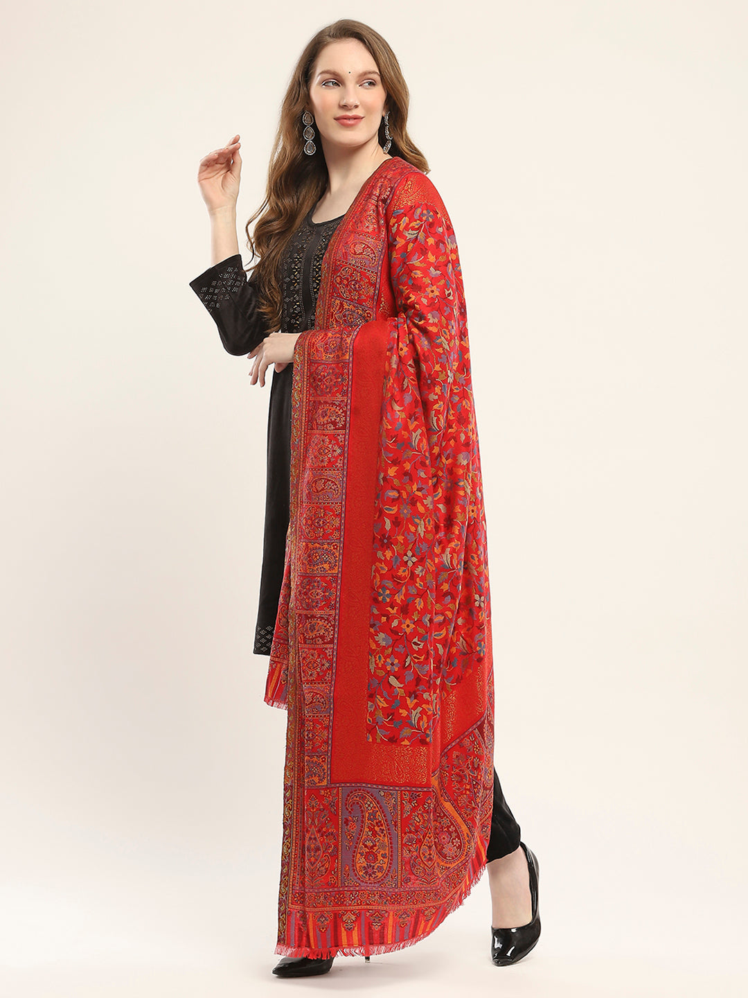 Women Red Self Design Shawl