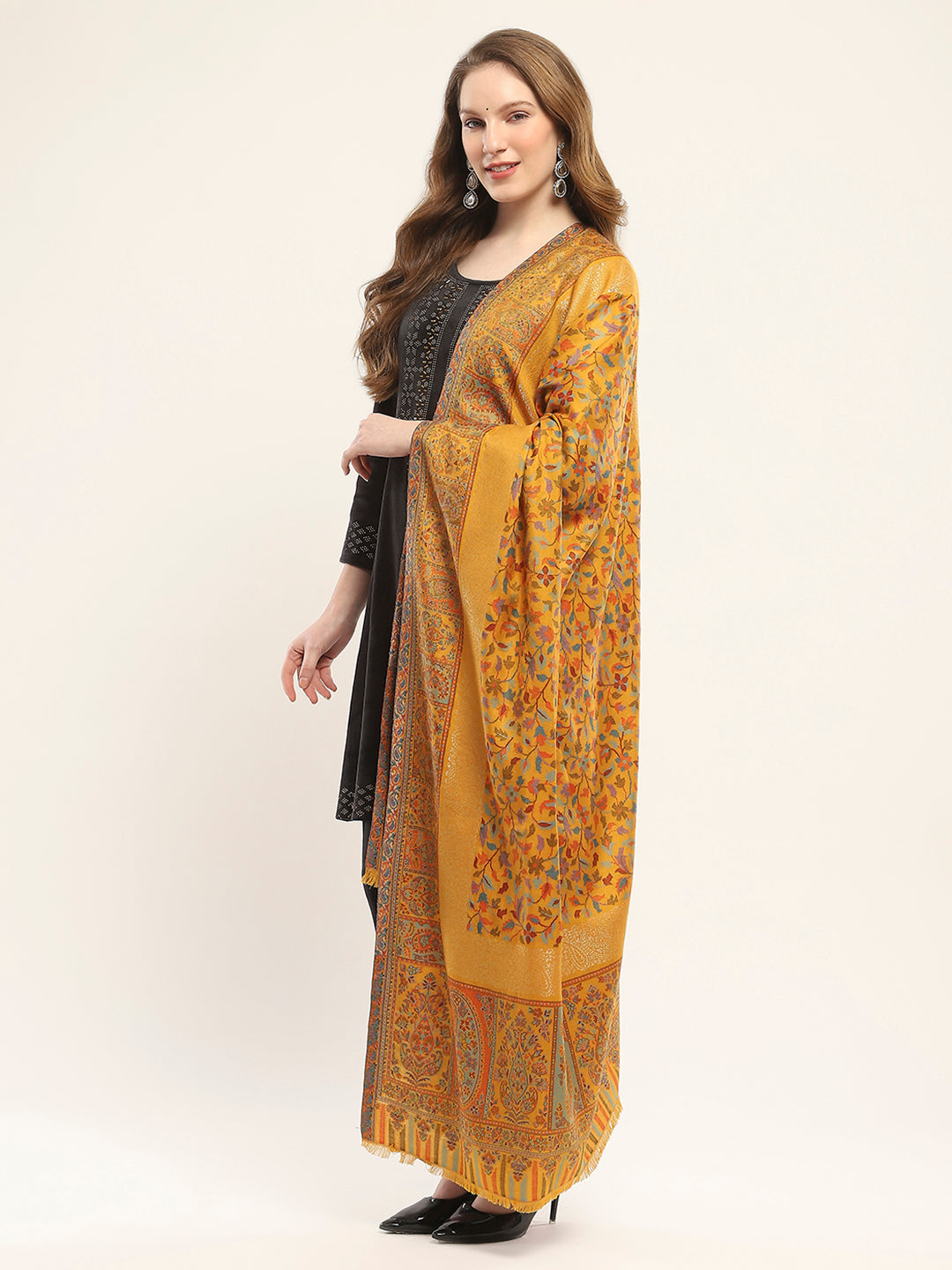 Women Mustard Self Design Shawl