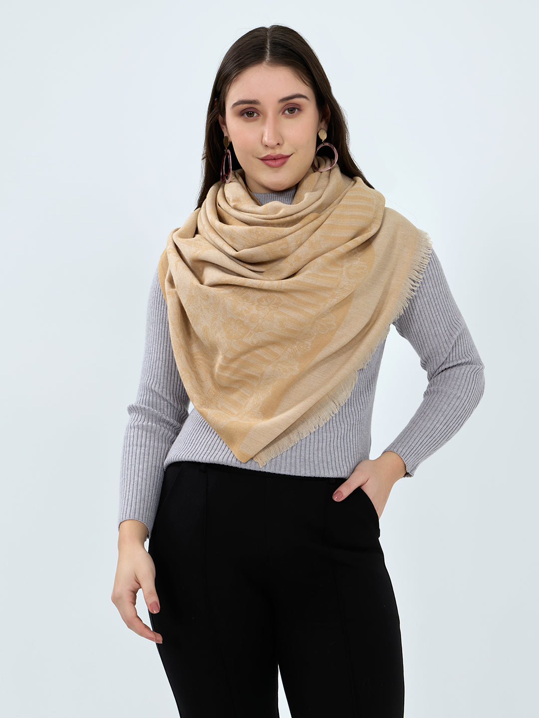Women Mustard Embroidered Polyester Acrylic Stole