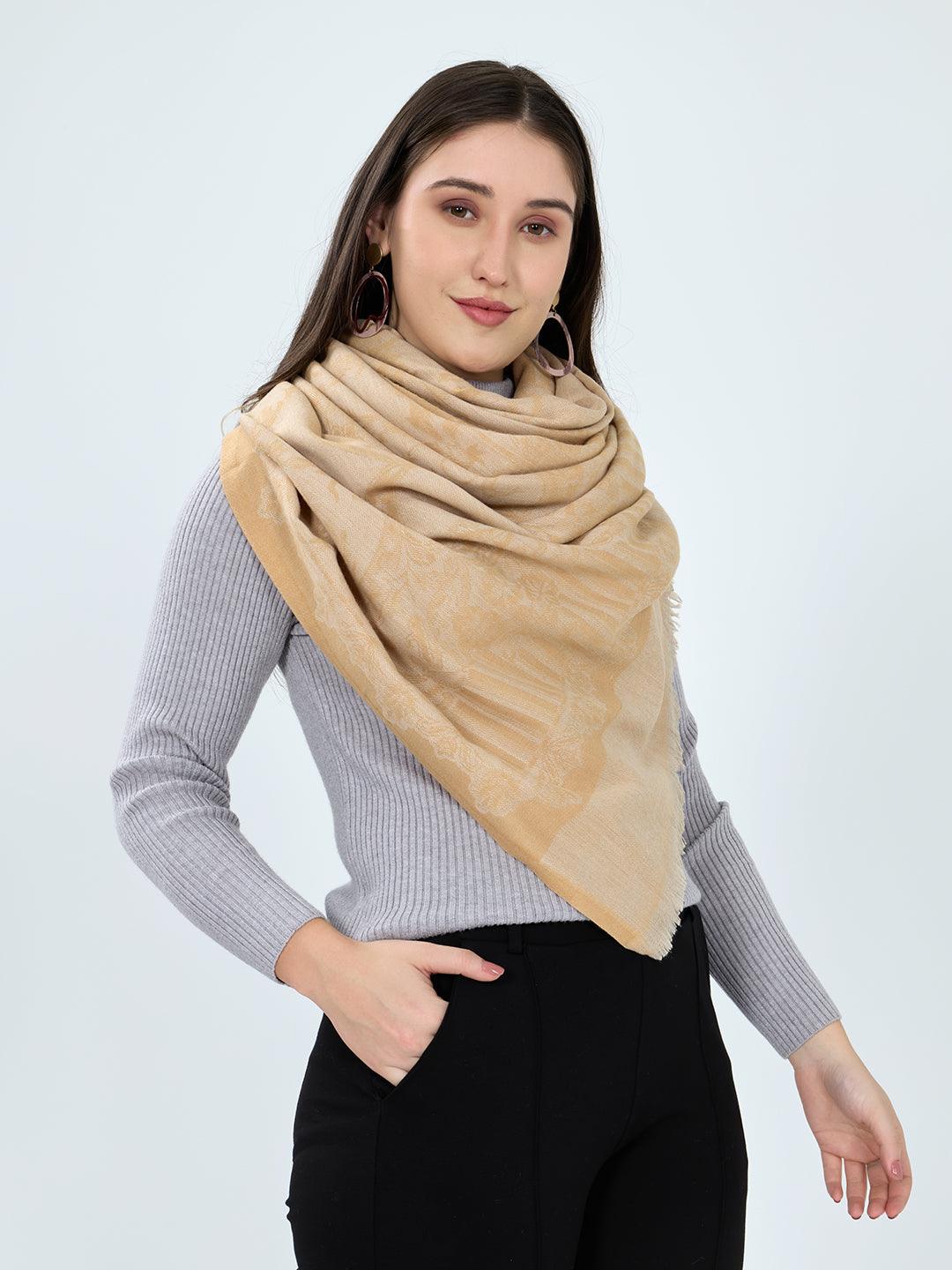Women Mustard Embroidered Polyester Acrylic Stole