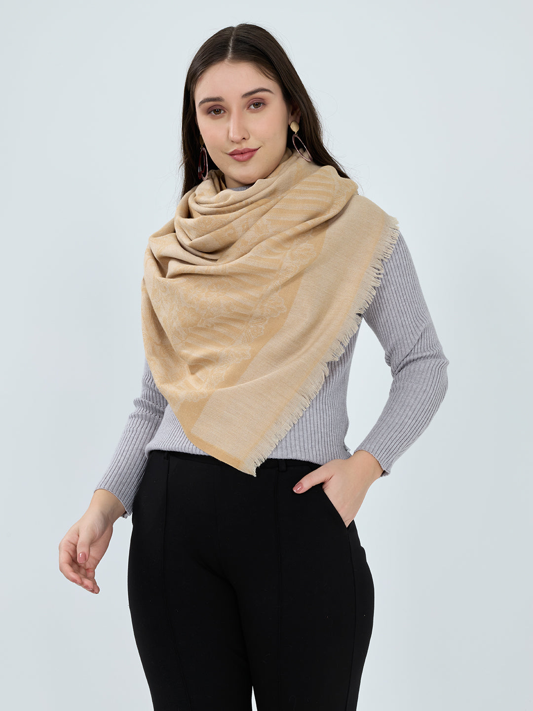 Women Mustard Embroidered Polyester Acrylic Stole