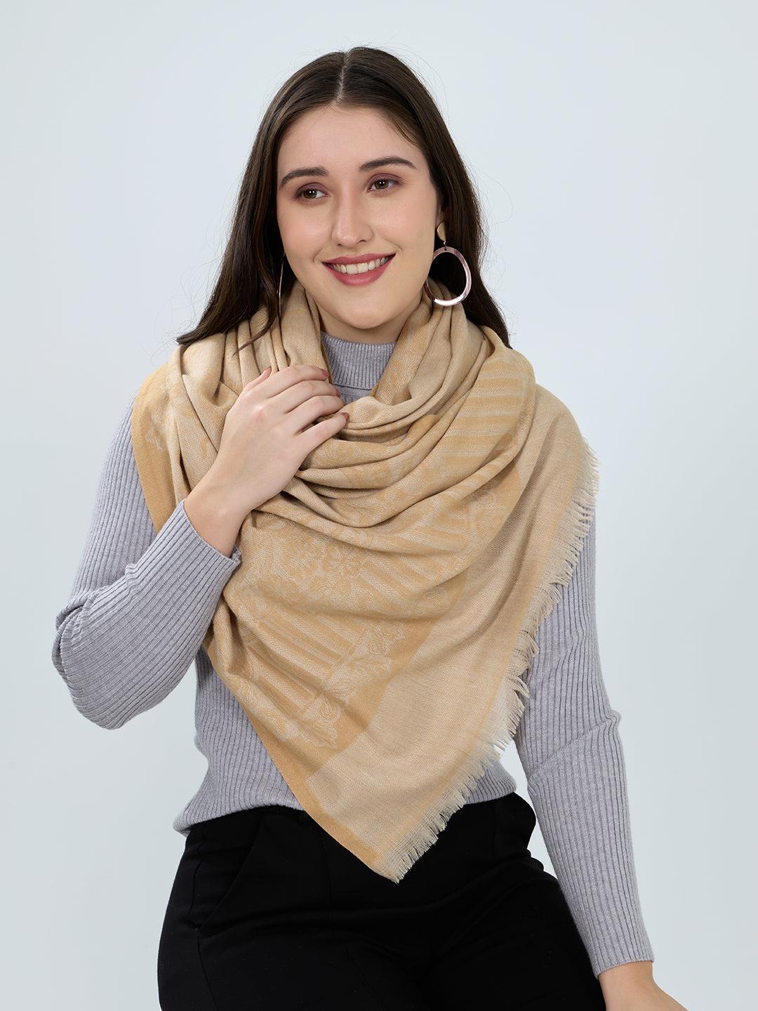 Women Mustard Embroidered Polyester Acrylic Stole