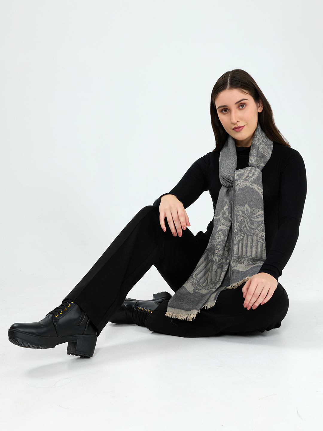 Women Grey Embroidered Polyester Acrylic Stole