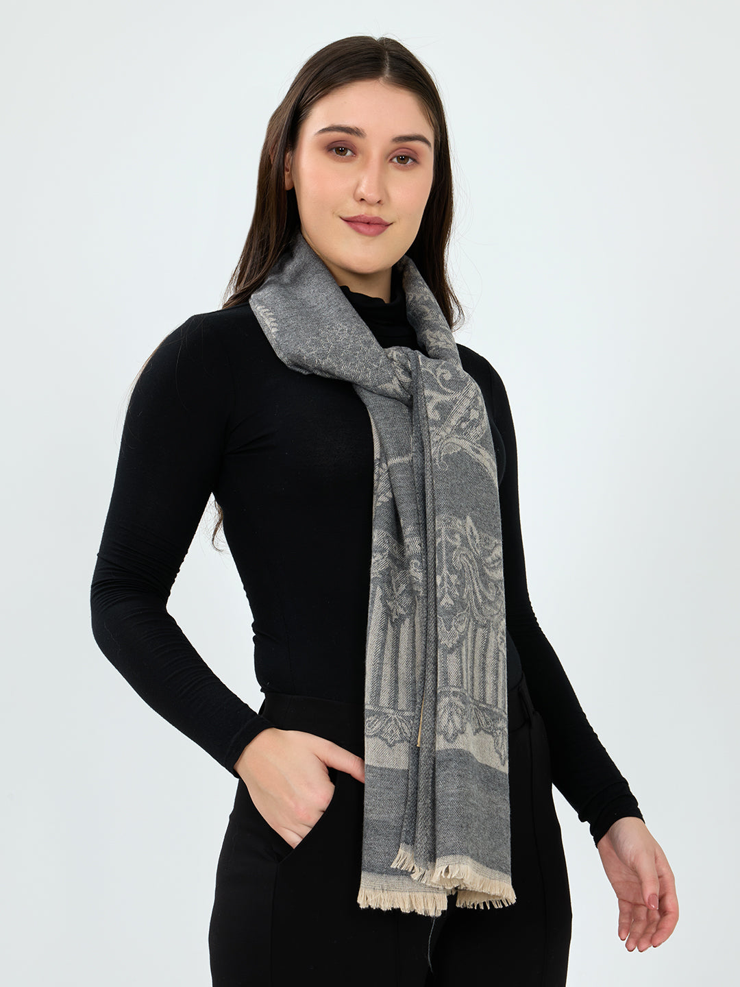 Women Grey Embroidered Polyester Acrylic Stole