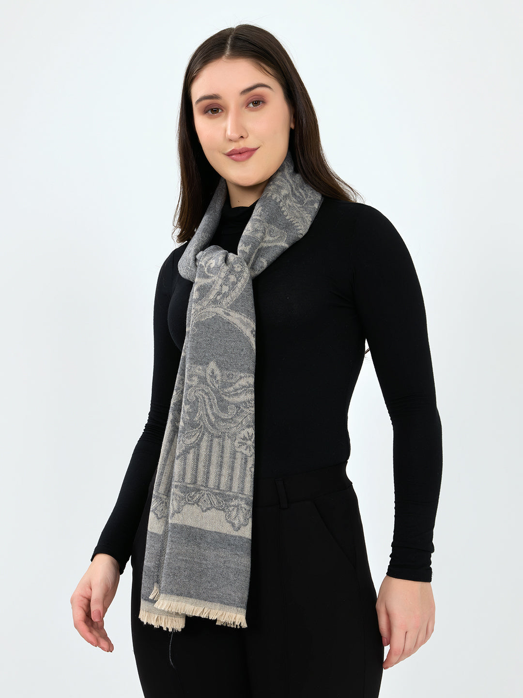Women Grey Embroidered Polyester Acrylic Stole