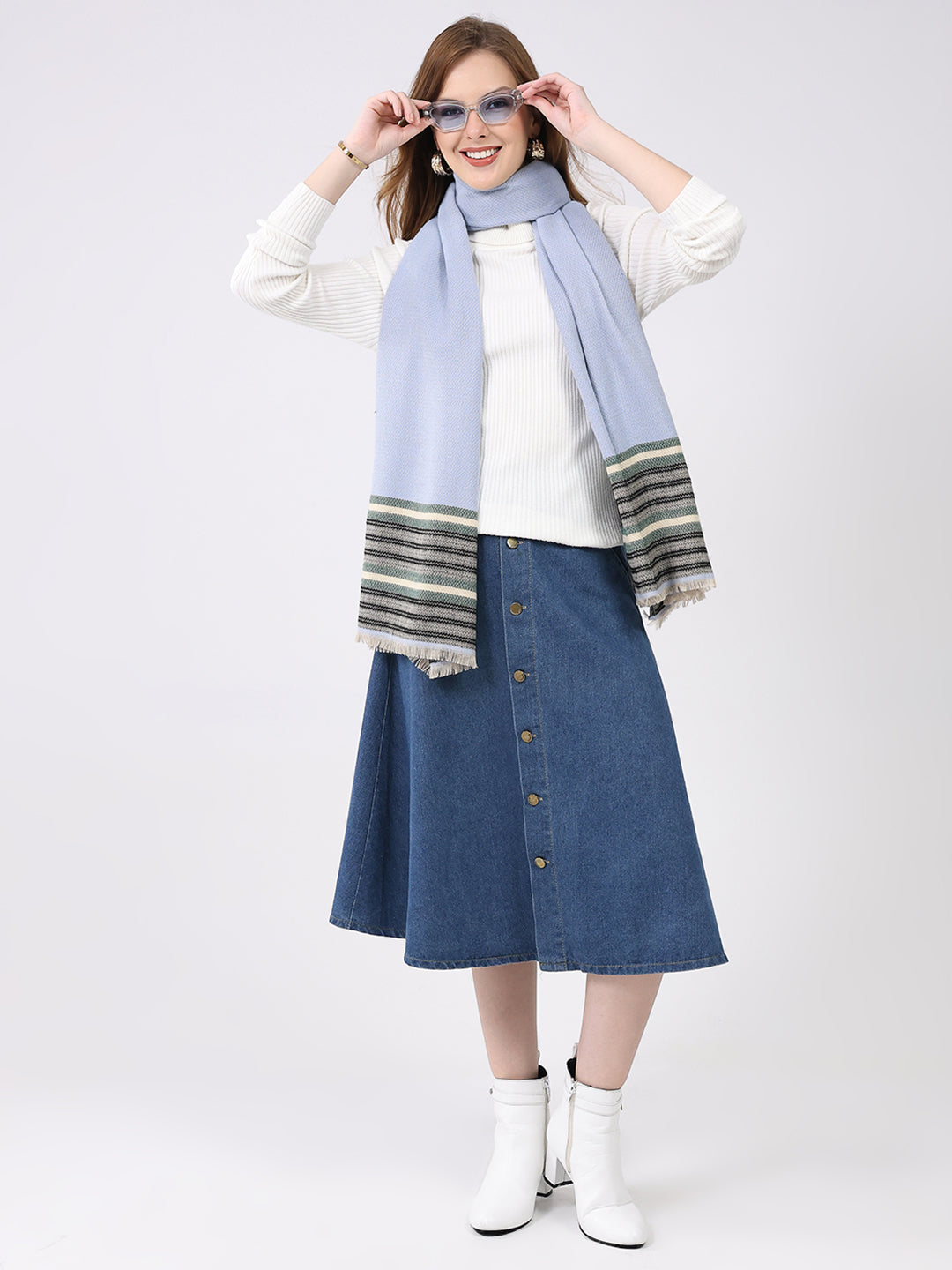 Women Blue Self Design Wool Stole